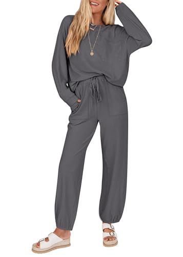 KIRUNDO Lounge Sets for Women 2025 Fall Travel Airport Outfits Ribbed Knit Tops Jogger Pants Tracksuit Postpartum Comfy Set
