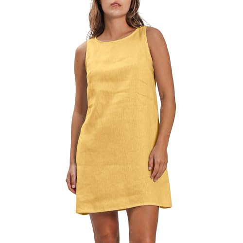 Amazhiyu Leinenkleid Damen, Ärmellos Sommerkleid Leinen Strandkleid, A Linien Midikleid Sommer Freizeit Rundhals Knielang Tank Kleider Mit Taschen,...
