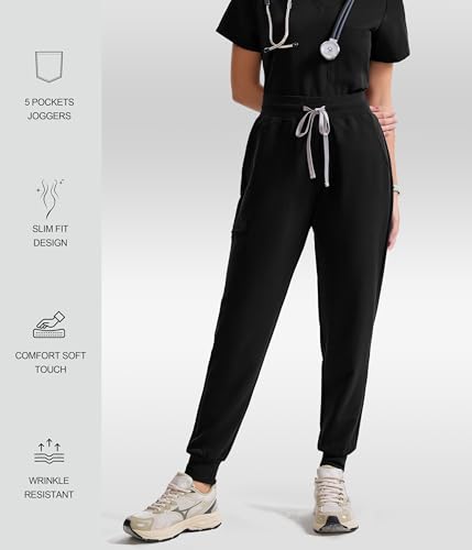 Image of YESWEL Scrub Pants for Women - Slim Fit High Waisted Cargo Joggers with Yoga Waistband & 5 Pockets, 4-Way Stretch