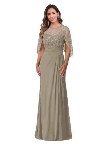 Image of Mother of The Bride Dresses - Long Chiffon Lace Appliques Cape Sleeve Ruched Waist Formal Evening Gown for Women
