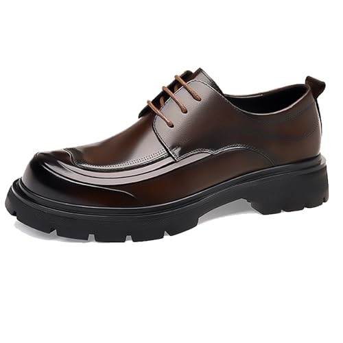 Men's Genuine Leather Platform Chunky Heel Oxford Shoes Classic Casual Lace Up Round Toe Lug Sole Dress Derby Shoes Work Office Business Height-Increasing Shoes