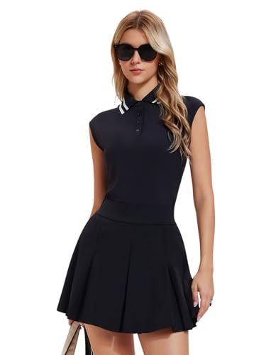 Women's Golf Outfits 2 Piece Skort Sets - Half Zip Crop Top & High Waisted Pleated Tennis Skirt with Pockets, Pickleball Black