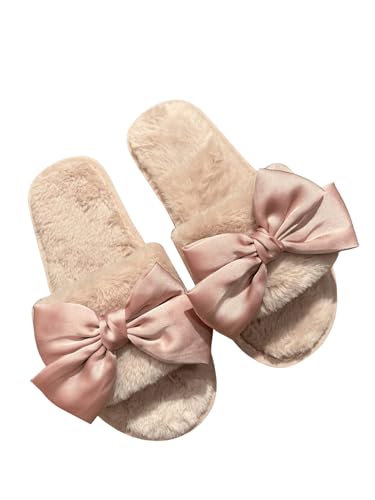Women's Bow Knot Furry Fuzzy Slippers Open Toe Indoor Outdoor Bedroom House Slippers - Main Image