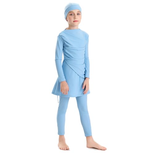 Image of Muslim Swimsuits for Girls Modest Swimwear Full Cover Hijab Burkini Islamic Top Pants Cap 3PCS Rash Guard Sets