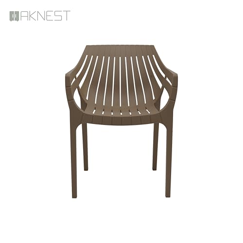Image of OAKNEST Supreme Spectrum Plastic Arm Chair - Modern Slatted Stackable Chair for Living Room, Dining, Garden, Balcony, Restaurant & Cafe | Indoor Outdoor Designer Chair, Set of 2, Dark Beige
