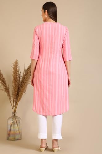 Image of Aurelia Women's Pink Stripe Pure Cotton A-line Kurta