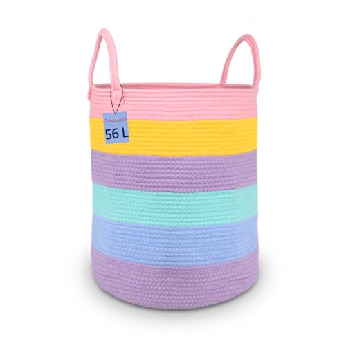 Caossuixin Rainbow Baby Laundry Basket, 38x50cm(56L) Extra Large Woven Cotton Rope Basket, Blanket Basket with Handle, Kids Toy Storage Basket for Nursery Decor, Living Room, Bedroom