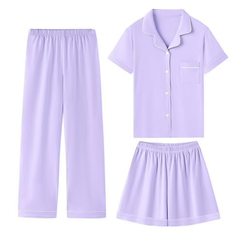 QZH.DUAO 100% Cotton Girls 3PCS Button Down Pajama Sets，A Purple, 7-8 Years
