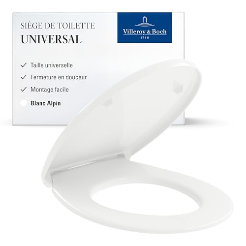 Siège de WC universel Villeroy & Boch - Abattant de WC blanc brillant avec fermeture frein de chute - amovible et incassable en plastique thermodurcissable - forme...