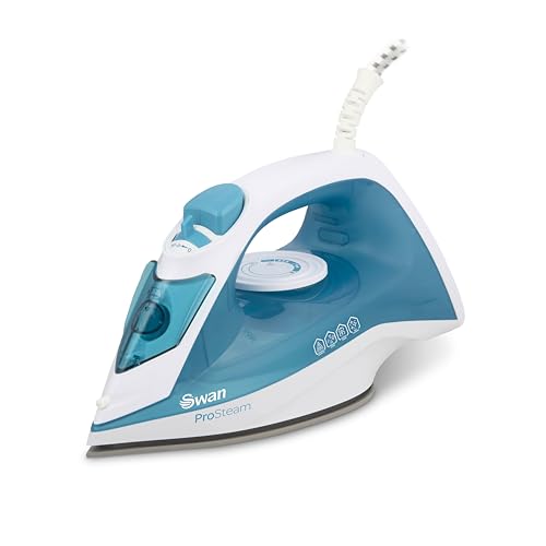 Swan SI12052AQ Steam Iron with Ceramic Soleplate, Pro Steam Technology, Anti-Calc, Anti-Drip, Adjustable Temperature Dial, 2200W, White and Aqua