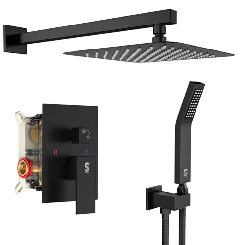 SR SUN RISE Black Square Rainfall Shower Head and Handle Set, Wall Mounted Shower Fixtures, Metal...