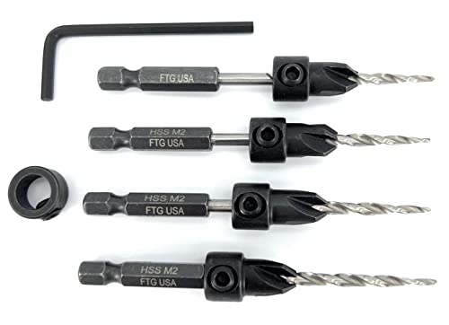 Image of FTG USA #6 (9 /64 inch) Wood Countersink Drill Bit 4-Pc Set with 3 /8 inch Depth Stop | Convenient 4-pack of identical tapered bits for woodworking. Includes an adjustable 3 /8 inch depth stop collar