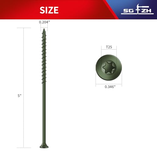 Image of #10 x 5 Inch Deck Screws (36Pcs) 1lb. Exterior Wood Screws. Carbon Steel, Green, Flat Head, Rust Resistant epoxy Coated, with T25 Star Bit