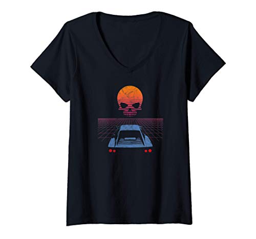 Mujer Synthwave Retrowave Aesthetic Vintage Drive Sunset Skull 80s Camiseta Cuello V