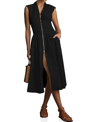 Wenrine Womens Summer Smocked Midi Dress Casual Zipper V Neck Cap Sleeve High Slit Flowy Long Dresses