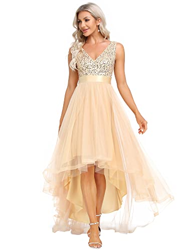 Ever-Pretty Robe Demoiselle d'honneur Femme Longue Paillettes Tulle Col V Asymétrique A Line Brillante Or 42