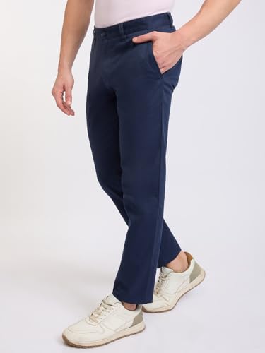 Image of Parx Men Low Rise Tapered Fit Solid Pattern Cotton Blend Flat Front Casual Trouser