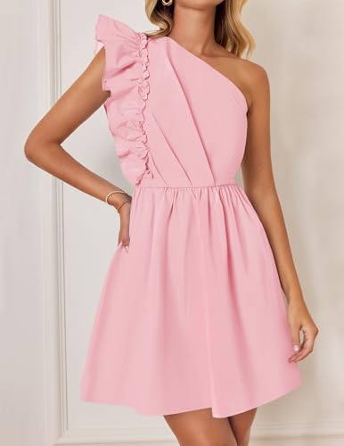 ZESICA Women's Summer One Shoulder Ruffle Dress Boho Sleeveless Elastic High Waist Swing Mini Dresses2