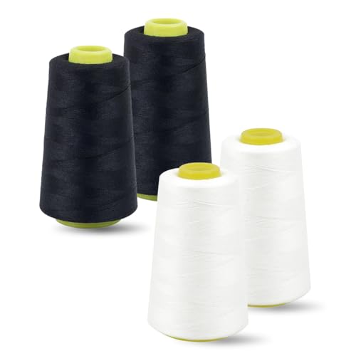 Qury Nähgarn-Kegel-Set, je 2740 m, 4 Stück, hochfeste Polyester-Fadenspulen zum Nähen, Quilten, Overlock, Merrow (Schwarz, Weiß)