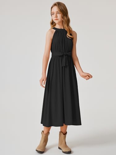 Girls Halter Neck Rayon Woven Floral Printed Solid Color High Waist Midi Belted Party Casual Dress with Pocket2