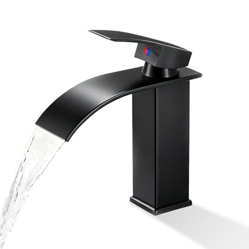 Ulmil Grifo Negro de Cascada para Lavabo, Mezclador de lavabo en cascada de acero inoxidable, Grifo moderno de lavabo en cascada negro, Agua caliente y fría disponible, Ahorro de agua y energía