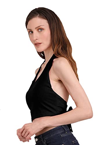 Image of THE BLAZZE 1381 Women's Basic Sexy Solid Backless Halter Neck Slim Fit Sleeveless Crop Top for Women