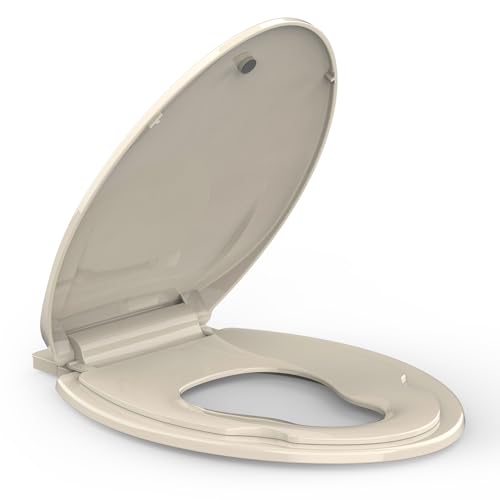 Elongated Toilet Seat with Built-in Toddler Seat for Easy Potty Training – Slow Close Feature,Easy Install and Clean, Perfect for Both Adults and Children,Almond