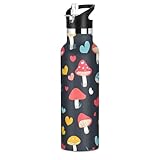 Mushroom French Art Valentine Black Leak Proof & BPA Free Sports Insulated Water Bottle with Straw Keeps Warm and Cold for Travel and Sports