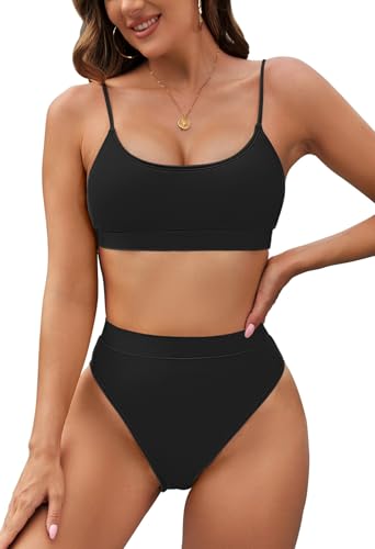 Pink Queen Women's High Cut High Waisted Cheeky Two Piece Swimwear M Black