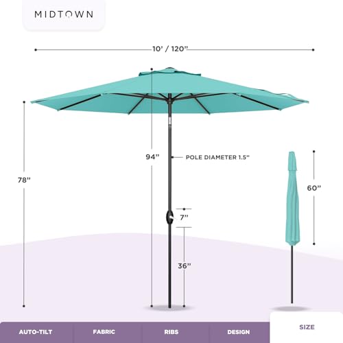 Image of Midtown Umbrellas - 10-Year-No-Fade 10 Ft Patio Umbrella with Terylast Fabric, Auto-Tilt Aluminum Frame and 8 Reinforced Ribs for Deck, Pool, Garden & Beach - Sand Tan Canopy, Black Pole