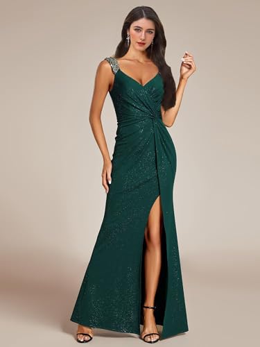 Elastic Satin Sleeveless Formal Ball Gowns for Women V Neck High Split Sequins Prom Dress3