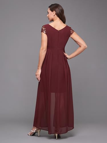 Image of Miss Chase Women's Round Neck Sleeve Embellished Fit Flare Maxi Dress