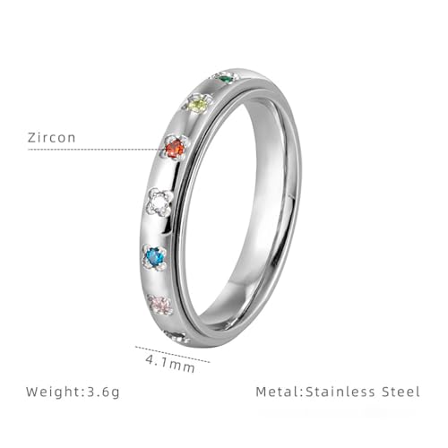 Colorful CZ Flower Fidget Spinning Ring for Women Stainless Steel Rainbow Crystal Floral Stacking Statement Finger Bands Rotated Stress Relief Rings Dainty Wedding Promise Jewelry Anti-anxiety Tool2