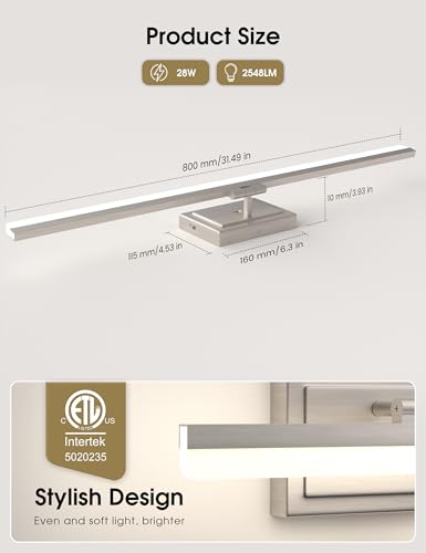 Image of VOLISUN Modern Bathroom Vanity Light 31.5 inch, Rotatable, 28W Dimmable 5CCT Led Bathroom Light Fixture Over Mirror, Brushed Nickel Bar Vanity Light for Bathrooms Mirror Restroom-ETL Certificated