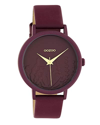 Montre femme Oozoo C10609 en cuir véritable rouge vin et boîtier de 36 mm