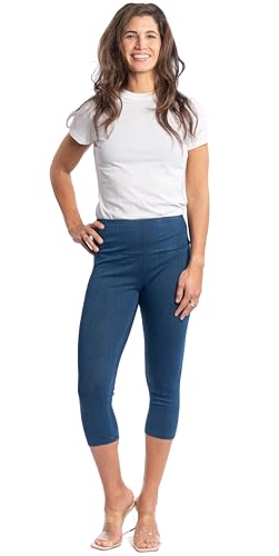 INTRO. Tummy Control High Waist Pull-On Capri Cotton Spandex Legging Knit Indigo Denim - Large