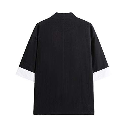 Image of Mens Japanese Kimono Cardigan Cotton Linen Haori Fashion 3 /4 Sleeve Yukata | Shawl Collar Kimono Jacket Robe Embroidery Patchwork Happi Coat Tie Pockets Lightweight Outerwear Daily Casual All Seasons