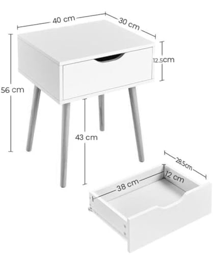 Image of Modern White Bedside Table with 1 Drawers & Wooden Legs | Compact Nightstand for Bedroom | Scandinavian Style Side Table with Storage for Home Living Room (Black, 1 Drawer)
