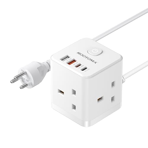 Thailand Travel Adapter with 1.5M Extension Cable 3 Way 4 Fast Charging USB (QC3.0/PD20W) Compact Cube UK to Thailand Plug Adapter Type O