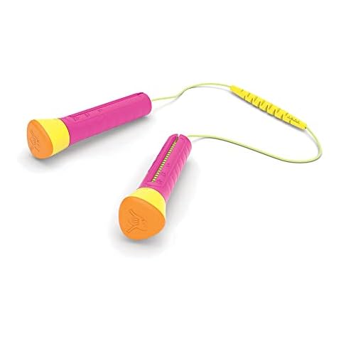Skibbi adjustable length jump rope for single or double dutch group use, twist to adjust length from 20 to 330 cm, with weighed accelerator. Fuschia Cover