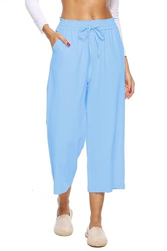 Image of LNX Womens Linen Capri Pants Wide Leg High Waisted Drawstring Casual Cropped Pants with Pockets