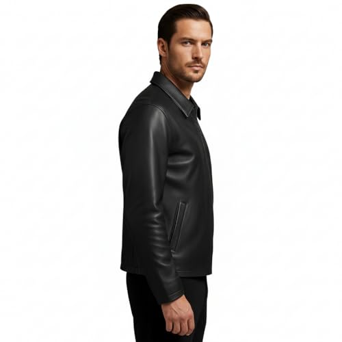 Image of Midnight Men's Premium Black Faux Leather Jacket with Front Zip Closure, Classic Collar, Sleek Minimal Design, Everyday Comfort and Timeless Style Fit