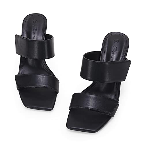 Ermonn Womens Two Strap Heeled Sandals Velcro Slip On Square Open Toe Stiletto Faux Leather Backless Mule Heels Slippers #TOP1
