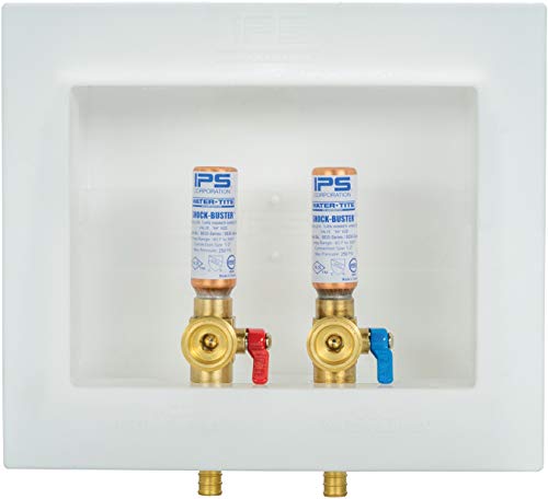 Water-Tite 85714 DU-ALL Dual-Drain Washing Machine Outlet Box - Quarter-Turn Brass Hammer Arrester Valves, 1/2' ASTM F1807 PEX Connection, White Plastic