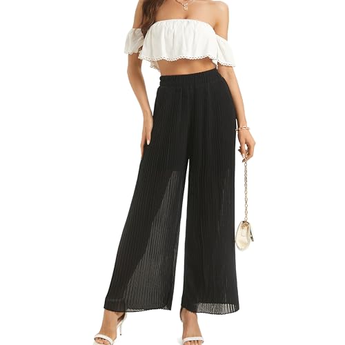 Women's Wide Leg Dress Pant High Waist Casual Flowy Boho Trousers Pleated Chiffon Elastic Waist Pants with Pocket