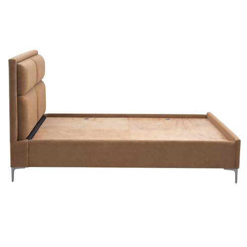 Image of Wakefit Bed | Queen (78 X 60) Solid Wood Bed, Upholstered, Without Storage, 3 Year Warranty - Zewail - Napoli Tan