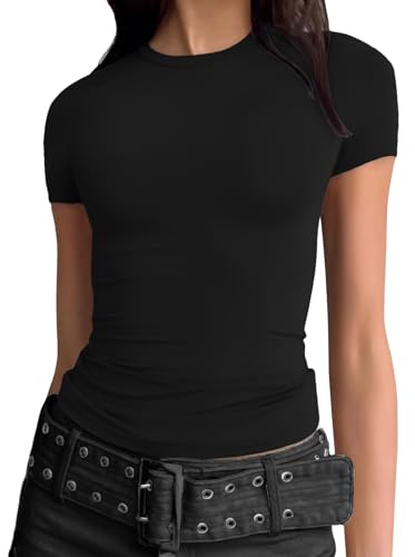 Women Short Sleeve Tops Crewneck Fit Shirts Basic Tee 2025 Summer Casual T-Shirt Going Out Outfits