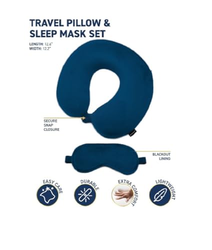 Image of Microfiber Travel Pillow with Eye Mask - Soft Neck Support Pillow for Airplane, Car, Train & Office - Compact & Lightweight Travel Essentials Set for Men & Women,NavyBlue