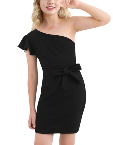 21KIDS Girl's One Shoulder Ruffle Flounce Sleeve Party Birthday Dress with Belt 6-14 Years3