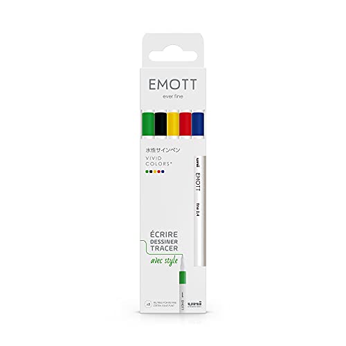 Emott - Uni Ball - Uni Mitsubishi Pencil - Pochette de 5 Feutres Vivid Colors - Pour Écrire, Dessiner, Tracer avec Style ! - Pointe Fine 0,4 mm - Bleu, Jaune, Rouge, Vert, Noir
